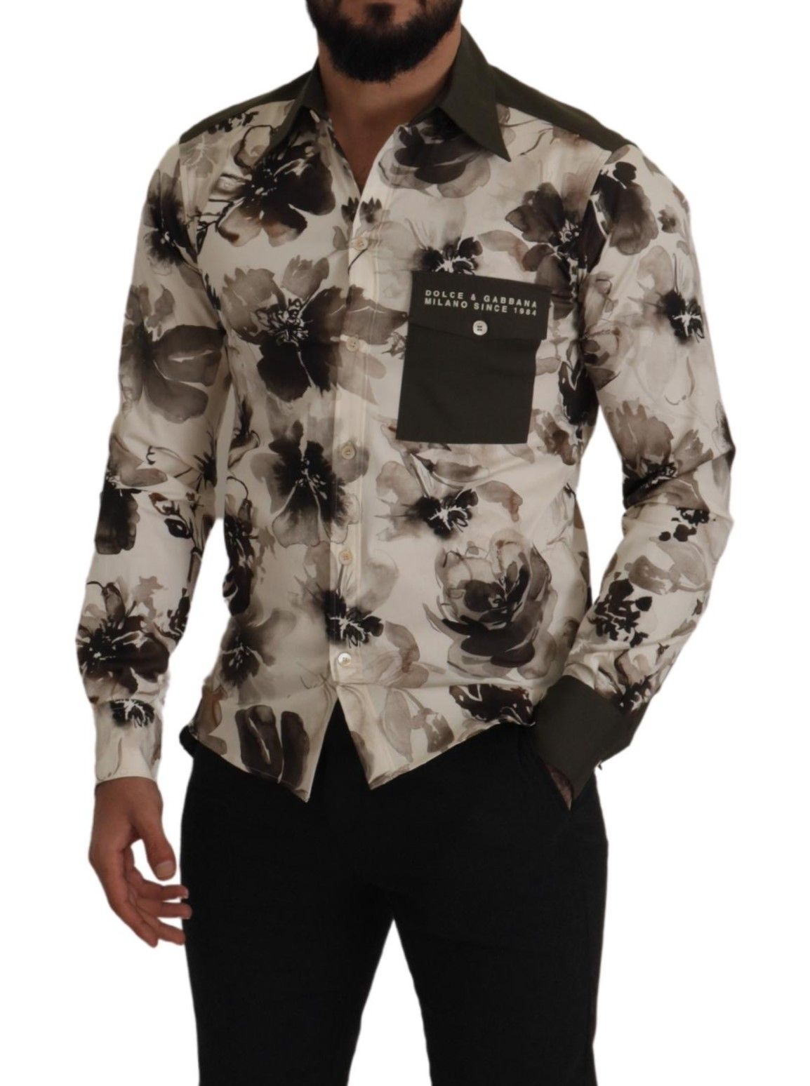 Dolce & Gabbana Green Beige Floral Cotton Stretch Exclusive Men's Shirt