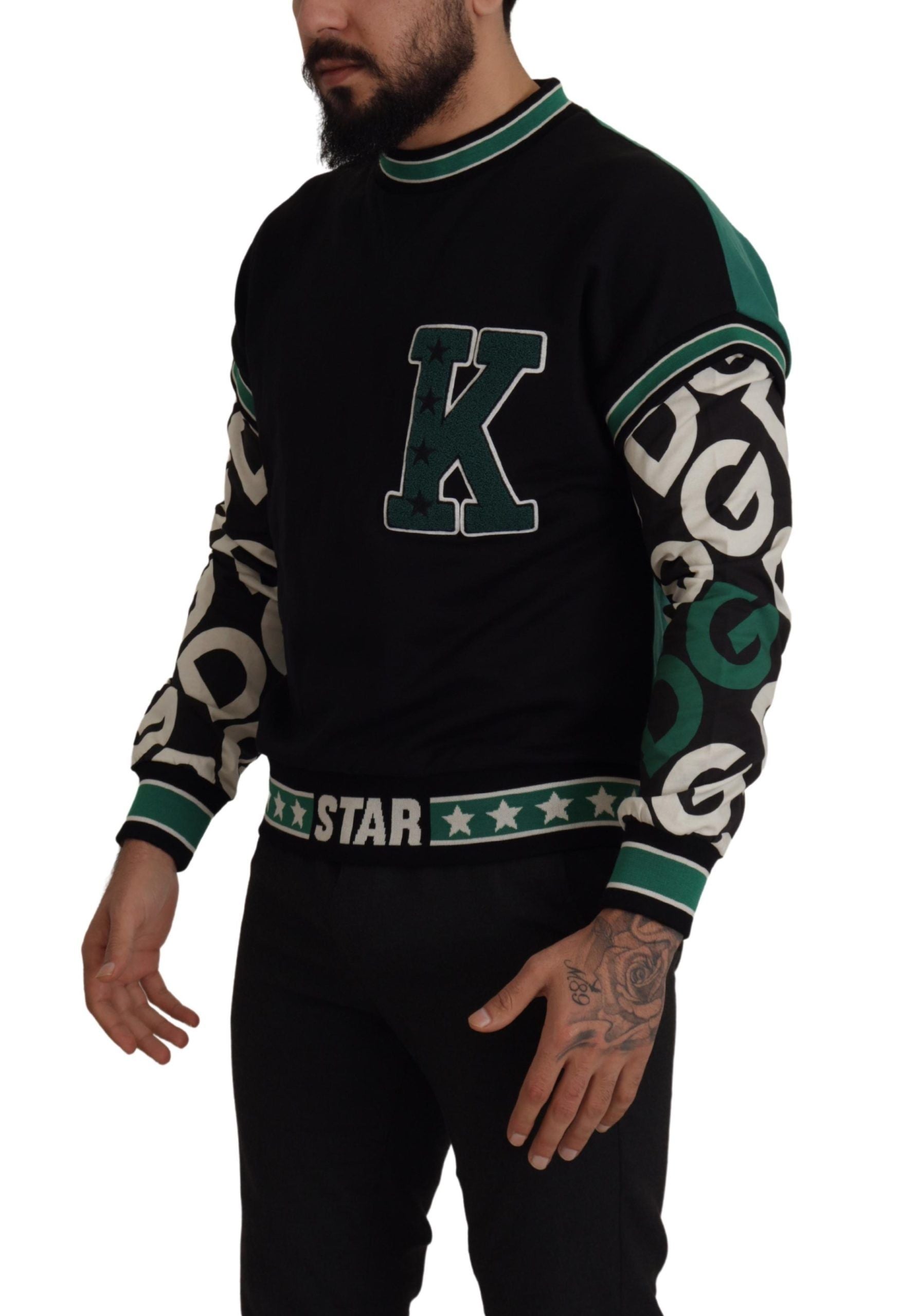 Dolce & Gabbana Black Green Cotton KING Star Crewneck Pullover Men's Sweater