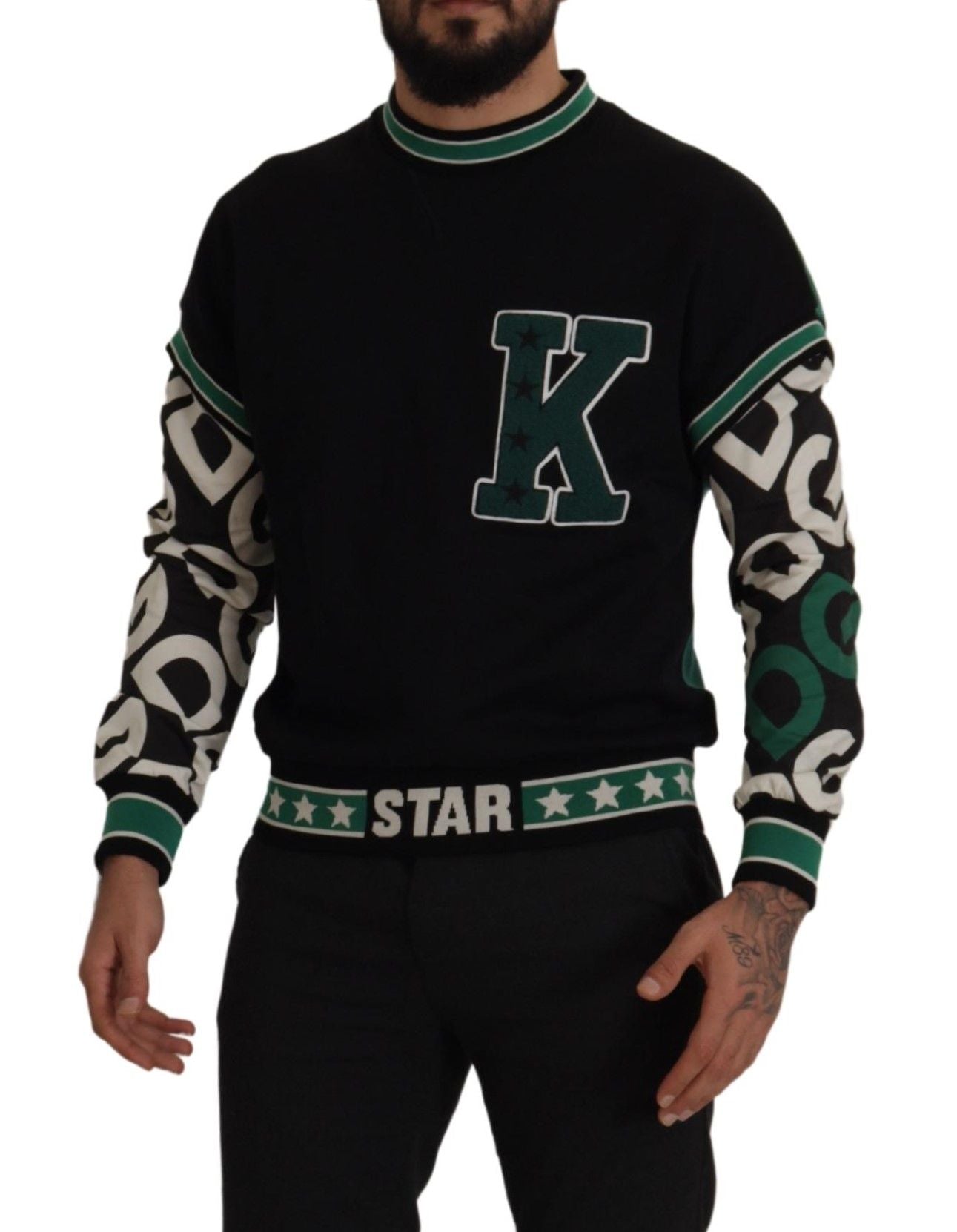 Dolce & Gabbana Black Green Cotton KING Star Crewneck Pullover Men's Sweater