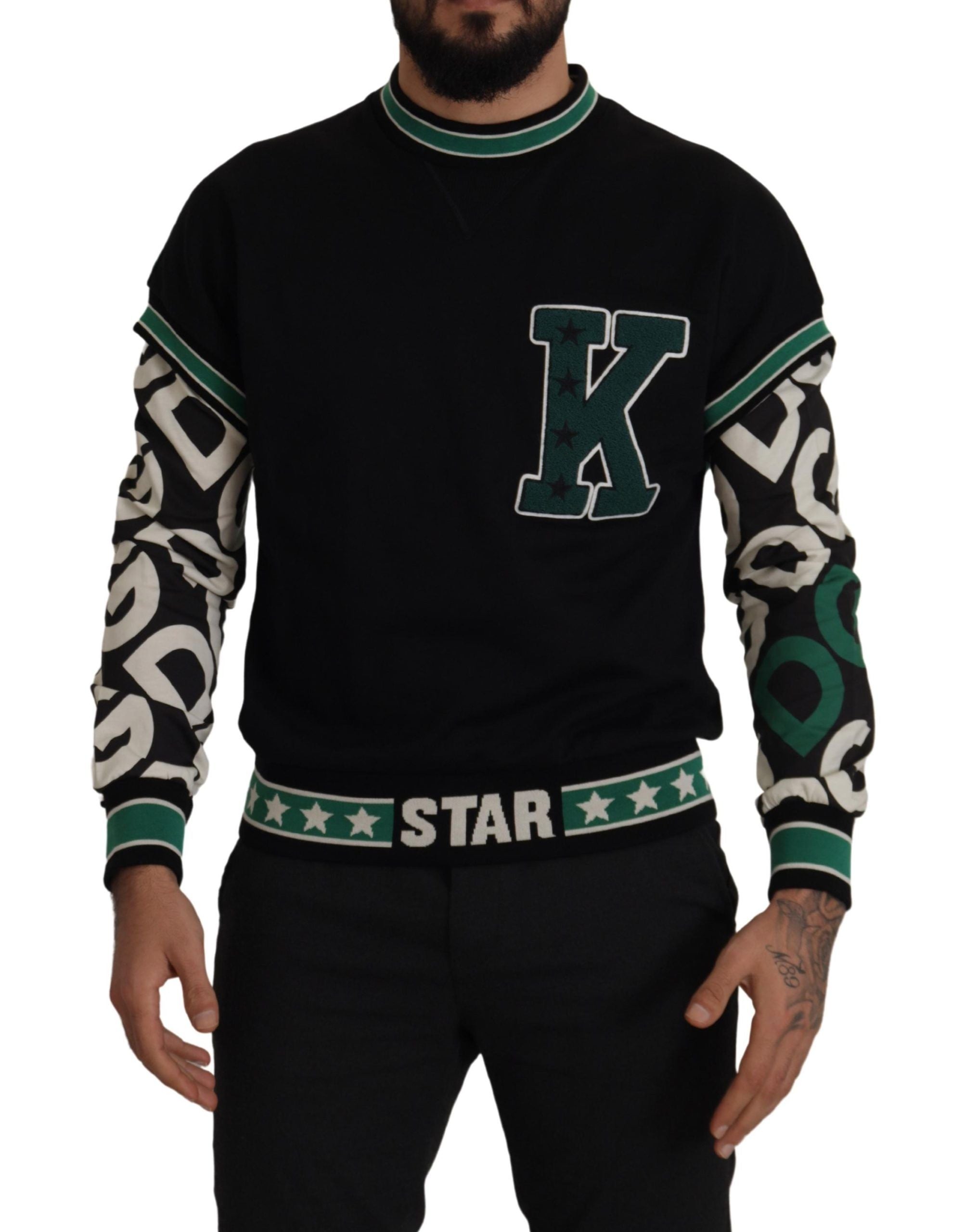 Dolce & Gabbana Black Green Cotton KING Star Crewneck Pullover Men's Sweater