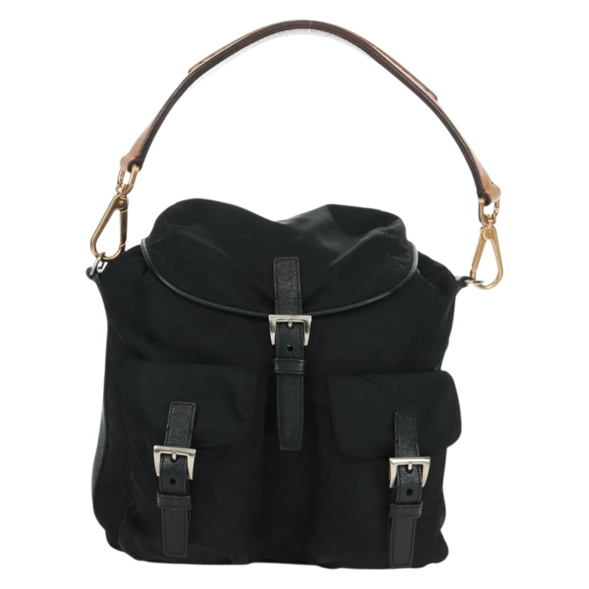 Prada Double Pocket Drawstring Tessuto Black Nylon Shoulder Bag Bag (Pre-Owned)