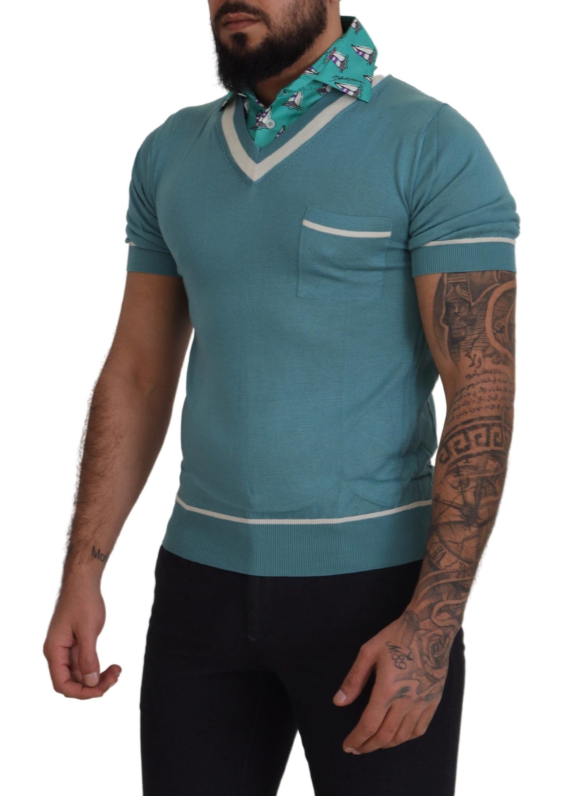 Dolce & Gabbana Blue Silk Polo Top Mens V-neck Men's T-shirt