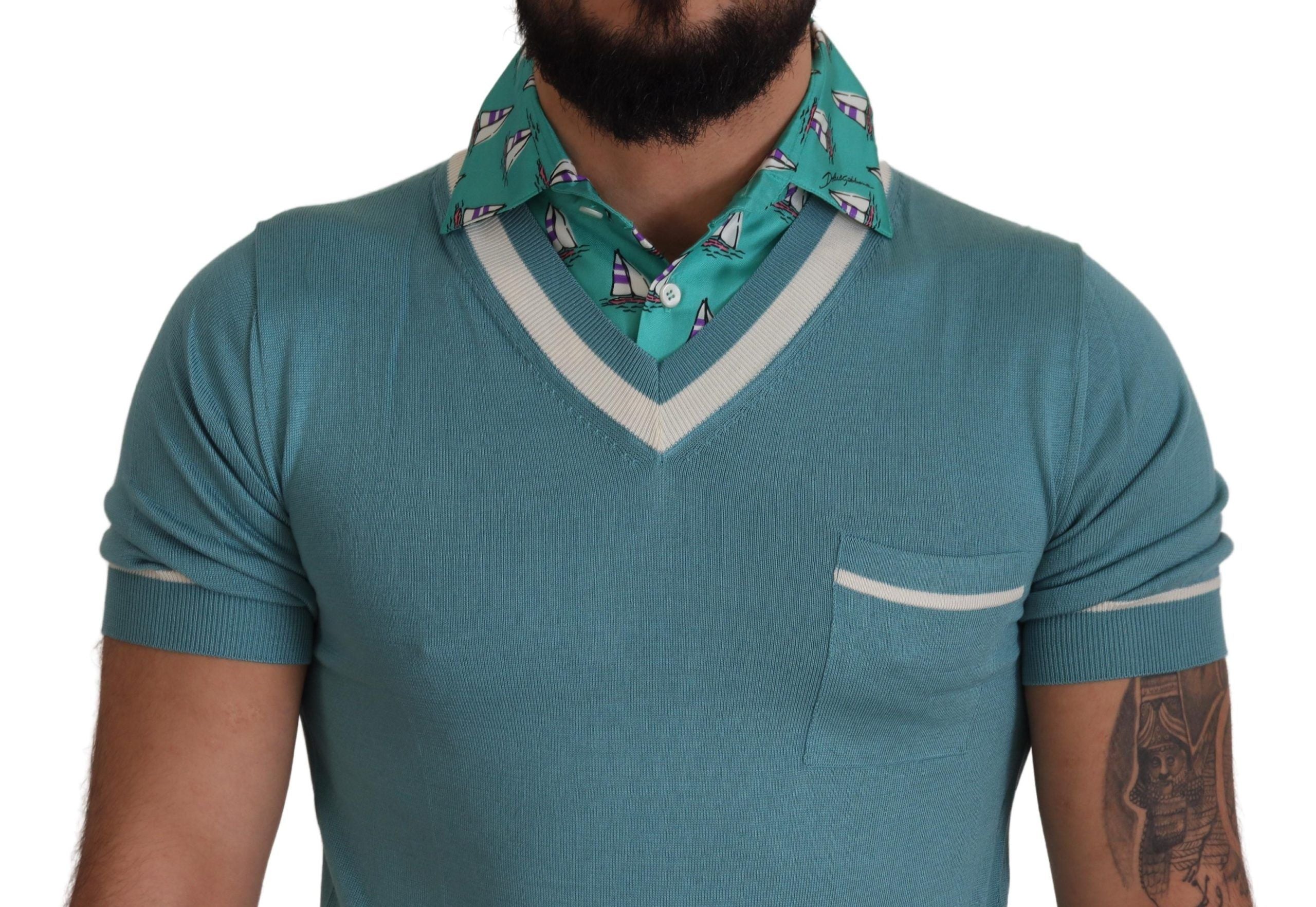 Dolce & Gabbana Blue Silk Polo Top Mens V-neck Men's T-shirt