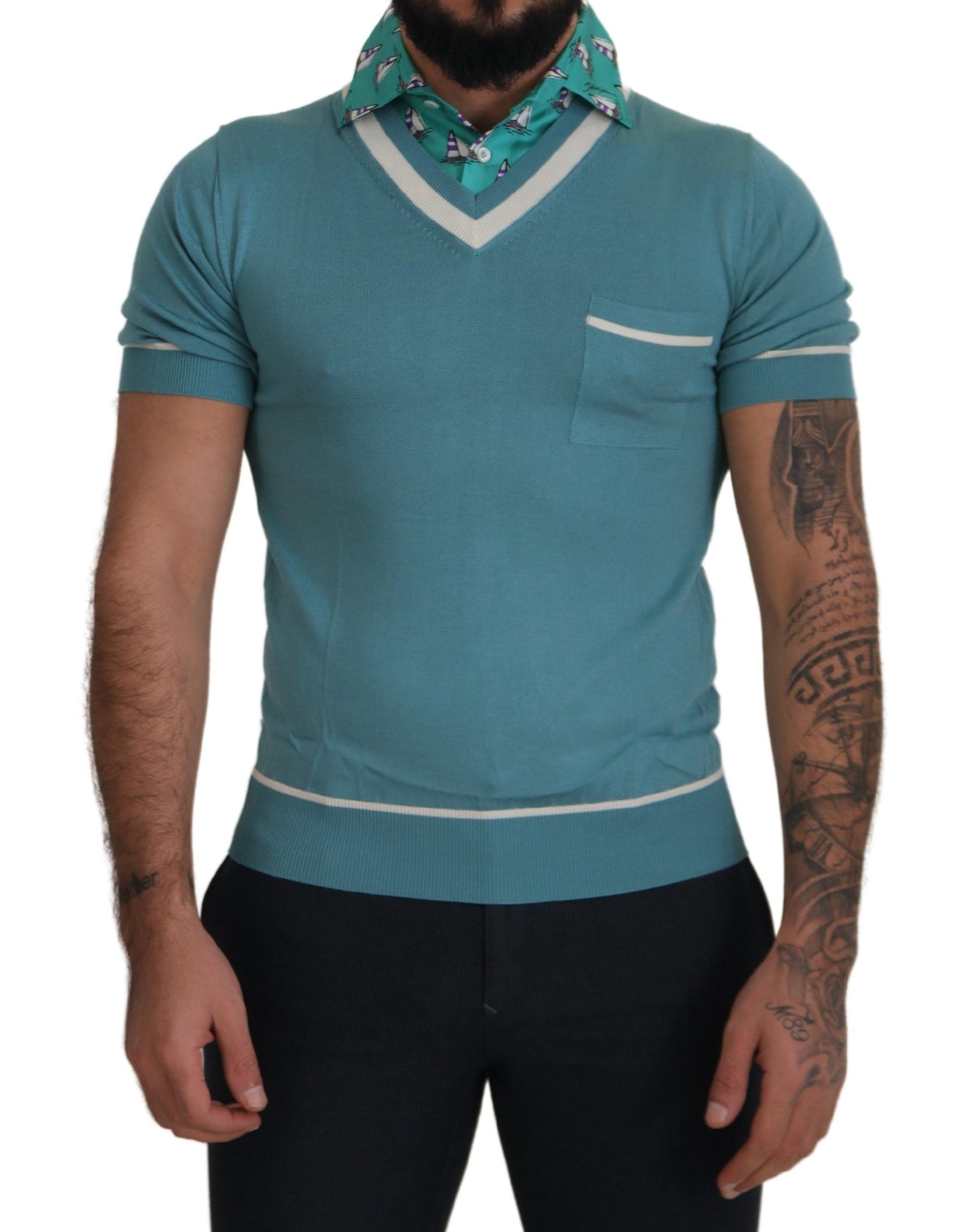 Dolce & Gabbana Blue Silk Polo Top Mens V-neck Men's T-shirt