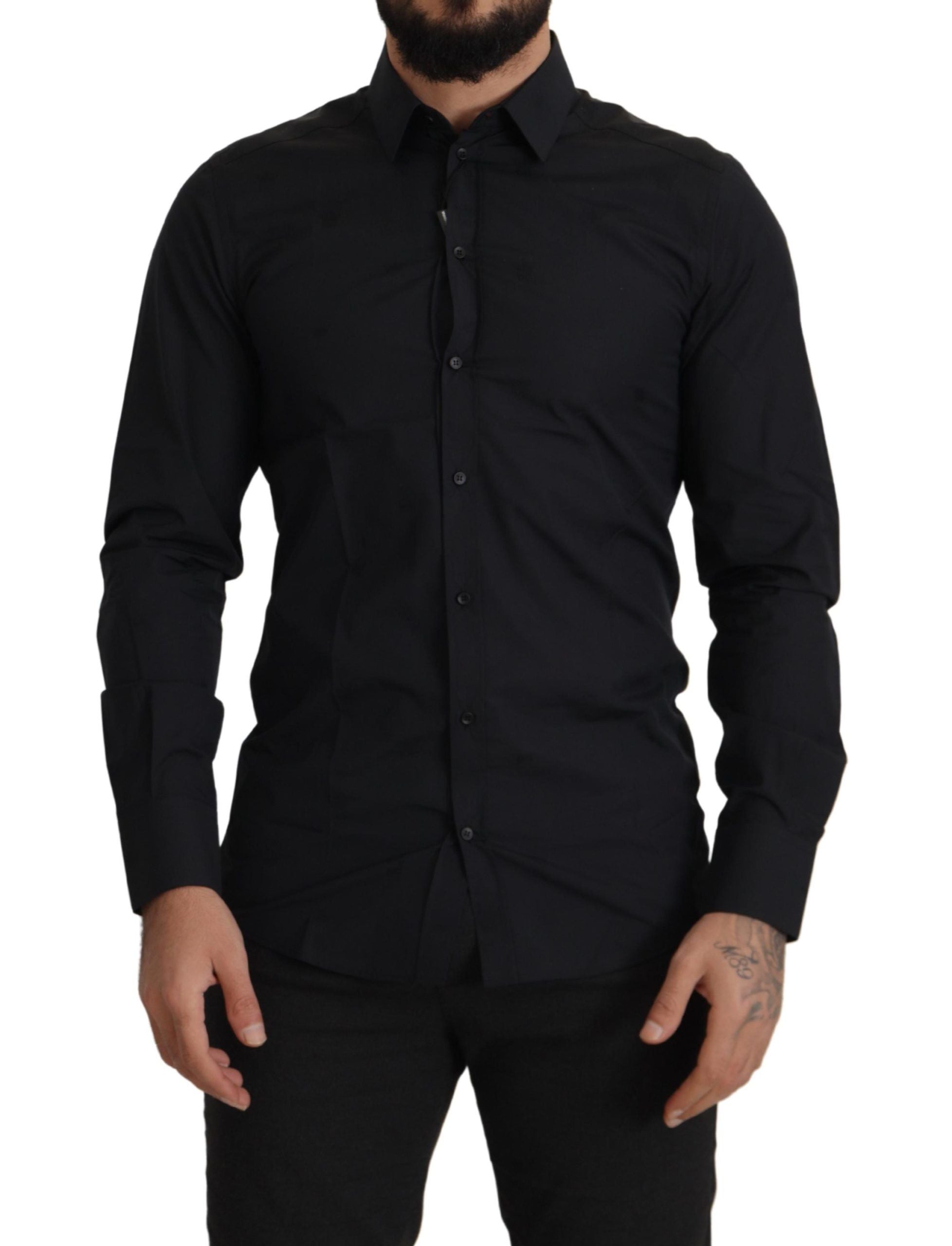 Dolce & Gabbana Black Cotton GOLD Slim Fit Dress Men's Shirt