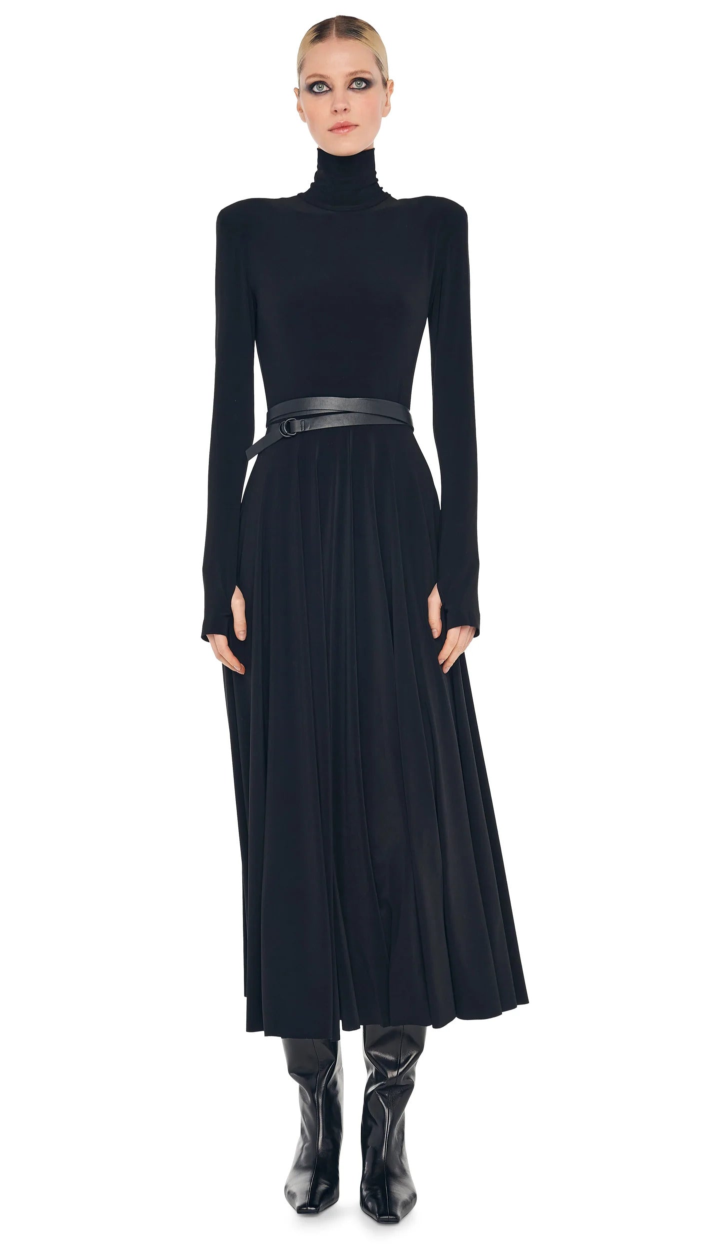 Norma Kamali Long Sleeve Shoulder Pad Turtleneck Flared Black Dress (Pre-Owned)