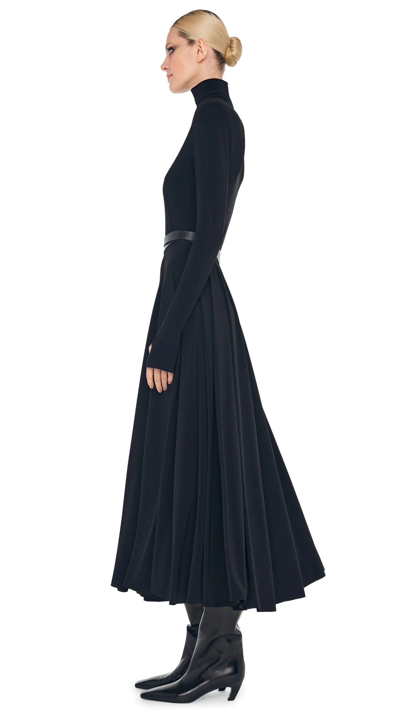 Norma Kamali Long Sleeve Shoulder Pad Turtleneck Flared Black Dress (Pre-Owned)