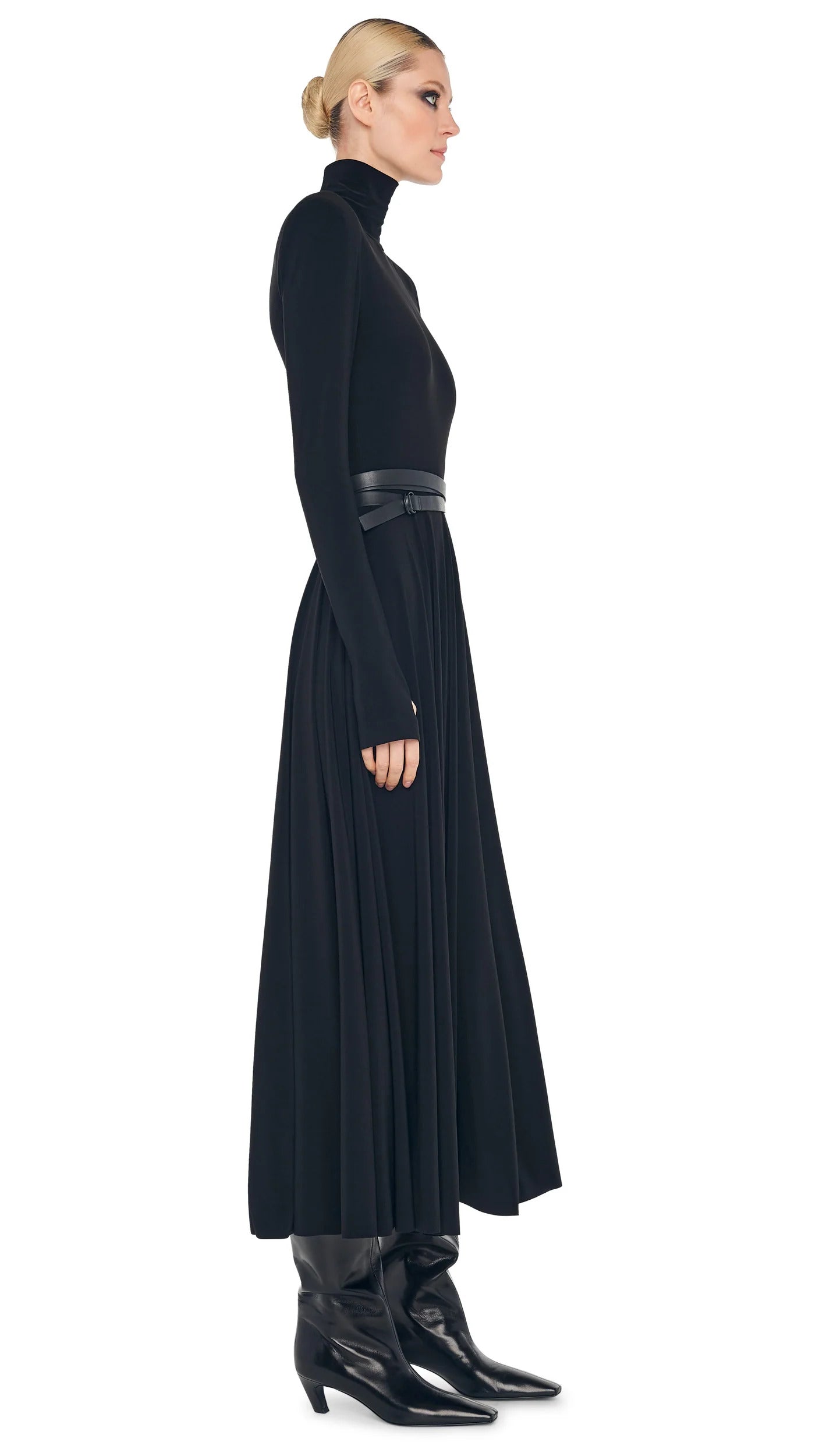 Norma Kamali Long Sleeve Shoulder Pad Turtleneck Flared Black Dress (Pre-Owned)