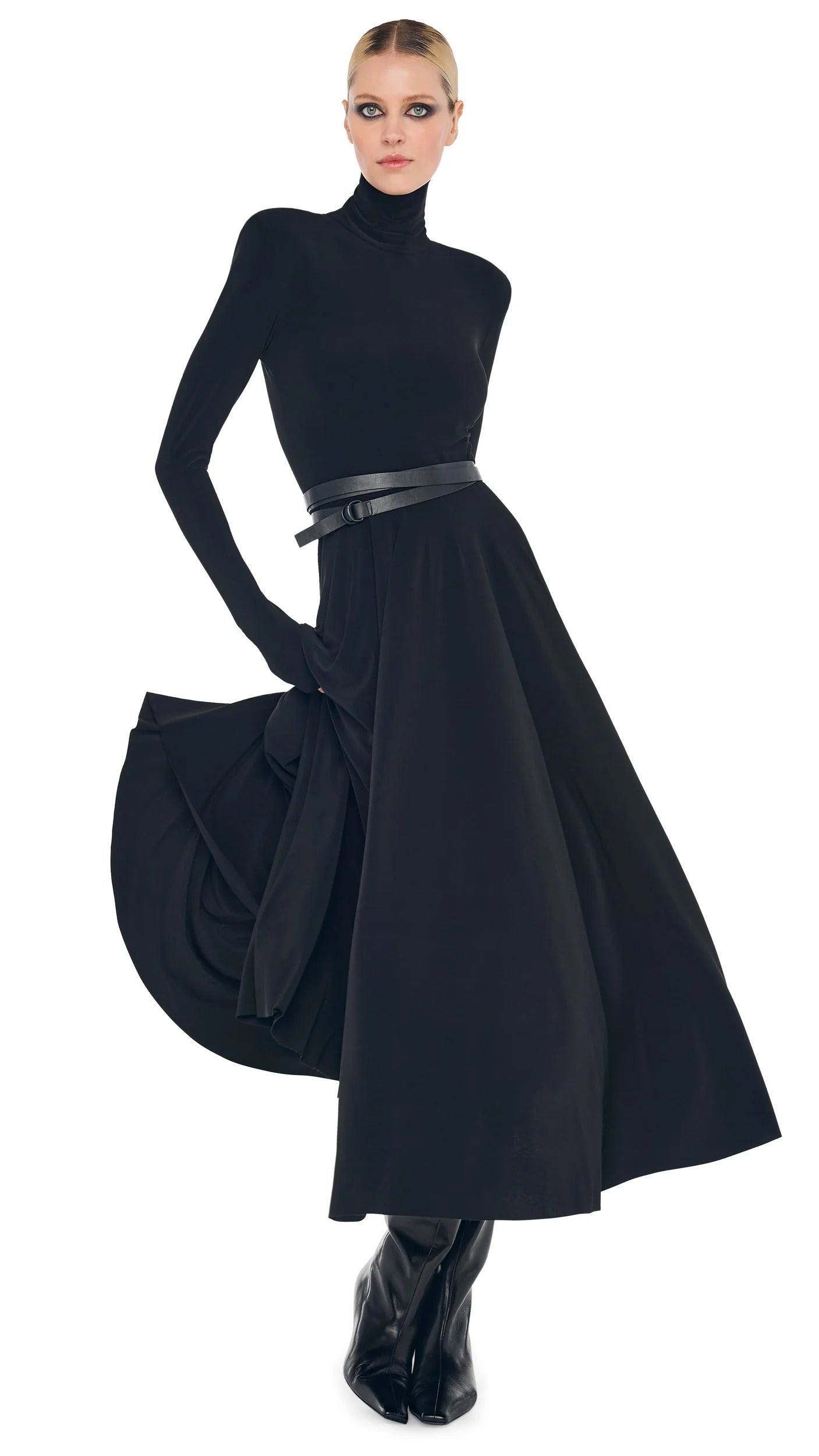 Norma Kamali Long Sleeve Shoulder Pad Turtleneck Flared Black Dress (Pre-Owned)