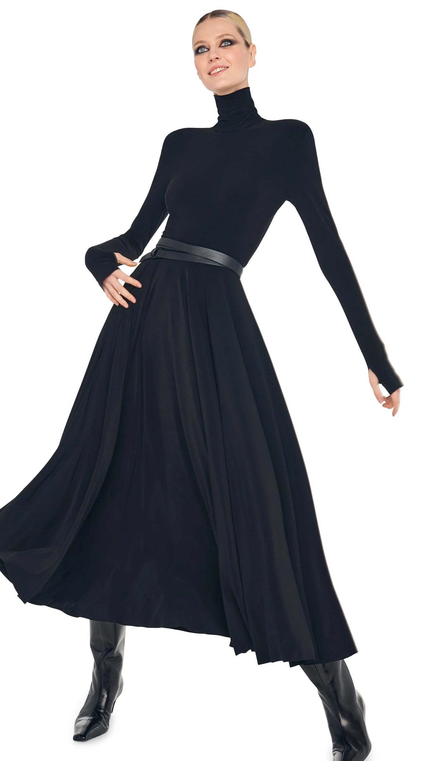 Norma Kamali Long Sleeve Shoulder Pad Turtleneck Flared Black Dress (Pre-Owned)