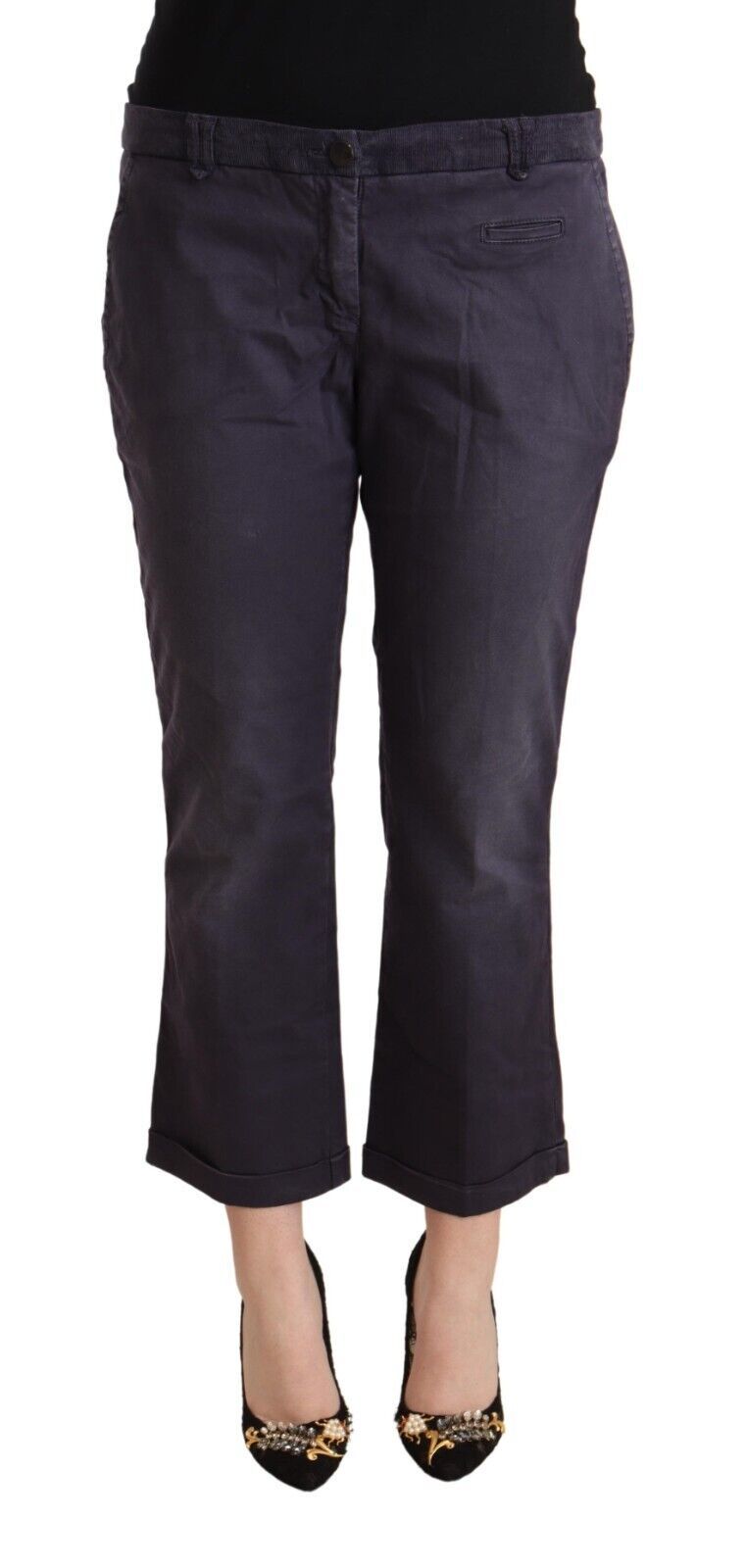 Jucca Black Low Waist Folded Hem Flared Cropped Women's Pants