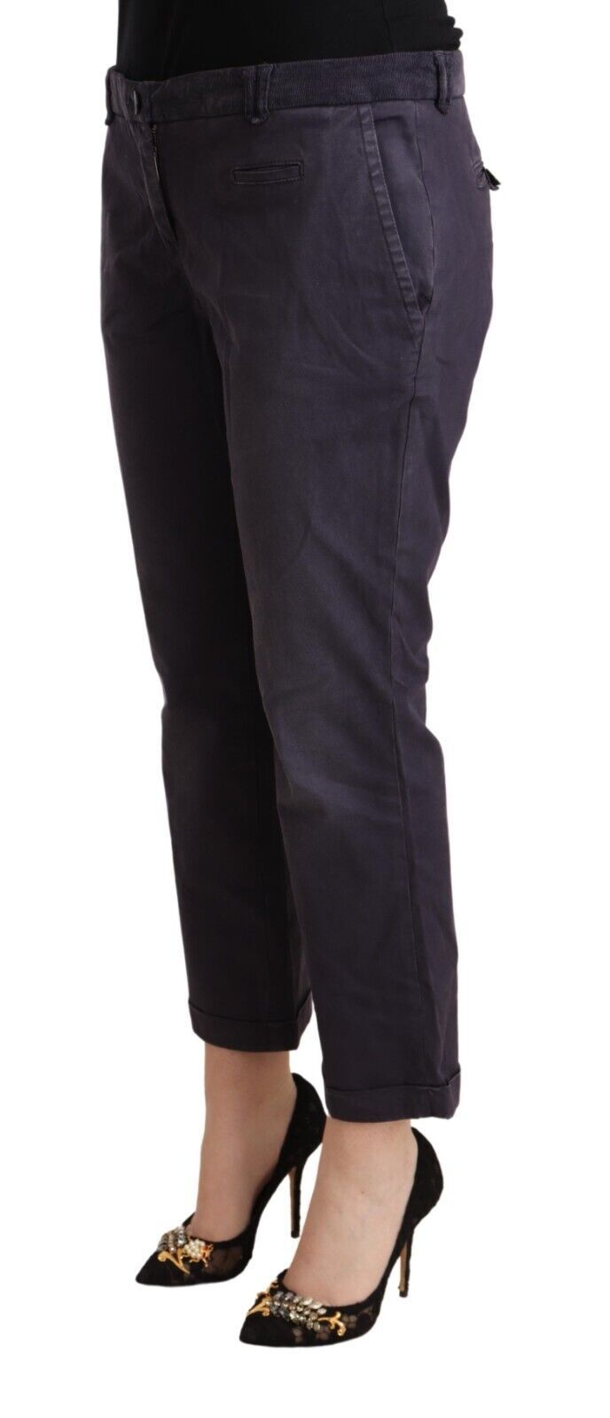 Jucca Black Low Waist Folded Hem Flared Cropped Women's Pants