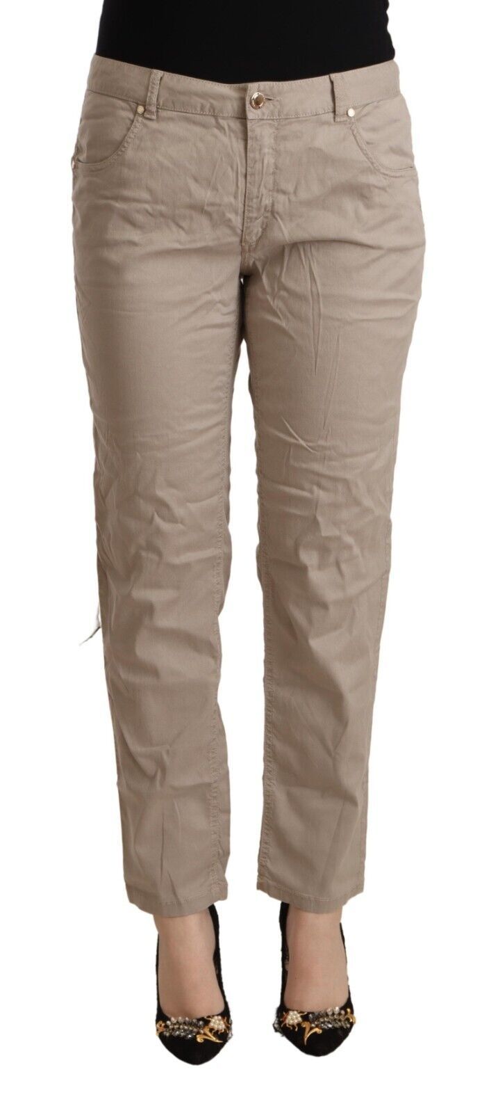 Acht Beige Tencel Mid Waist Tapered Casual Women's Pants