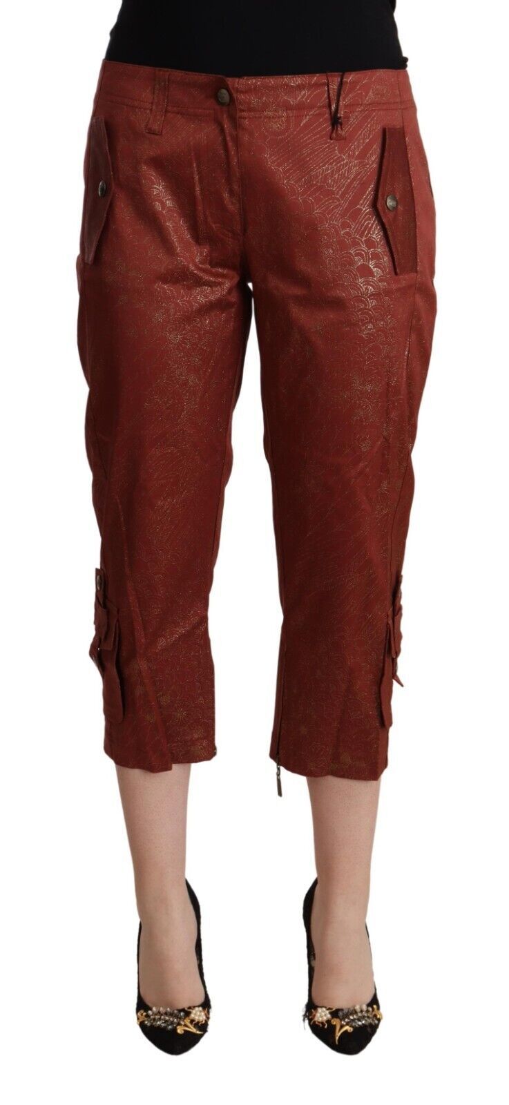 Just Cavalli Brown Lurex Mid Waist Cotton Cropped Capri Women's Pants