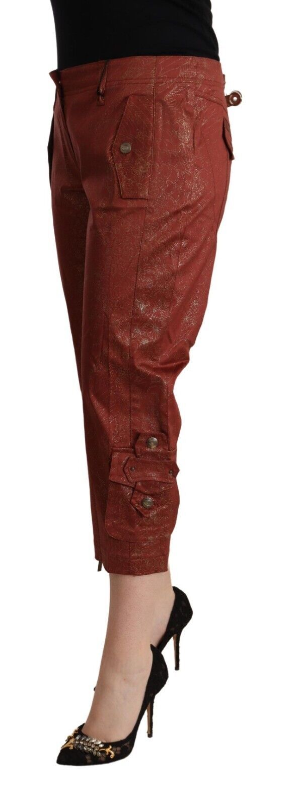 Just Cavalli Brown Lurex Mid Waist Cotton Cropped Capri Women's Pants