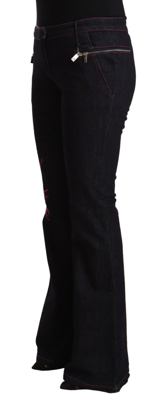 Exte Black Cotton Stretch Mid Waist Cotton Flared Denim Women's Jeans