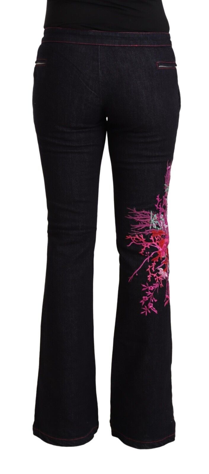 Exte Black Cotton Stretch Mid Waist Cotton Flared Denim Women's Jeans
