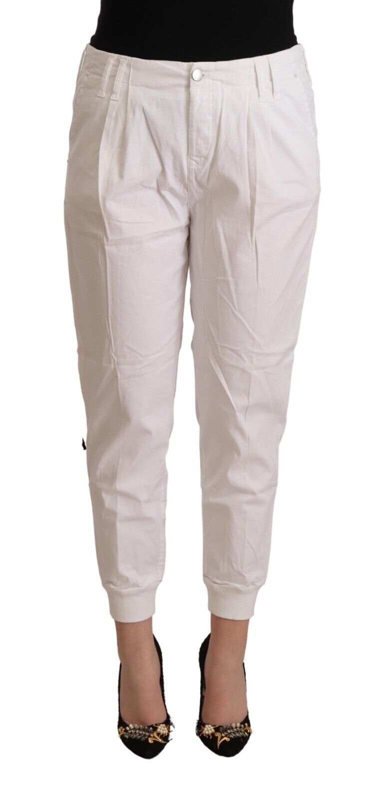 Met White Cotton Mid Waist Tapered Cropped Women's Pants