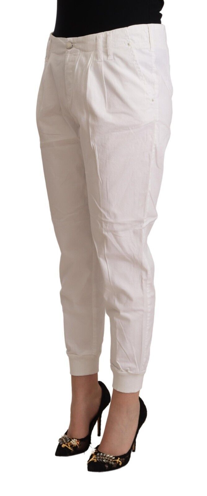 Met White Cotton Mid Waist Tapered Cropped Women's Pants