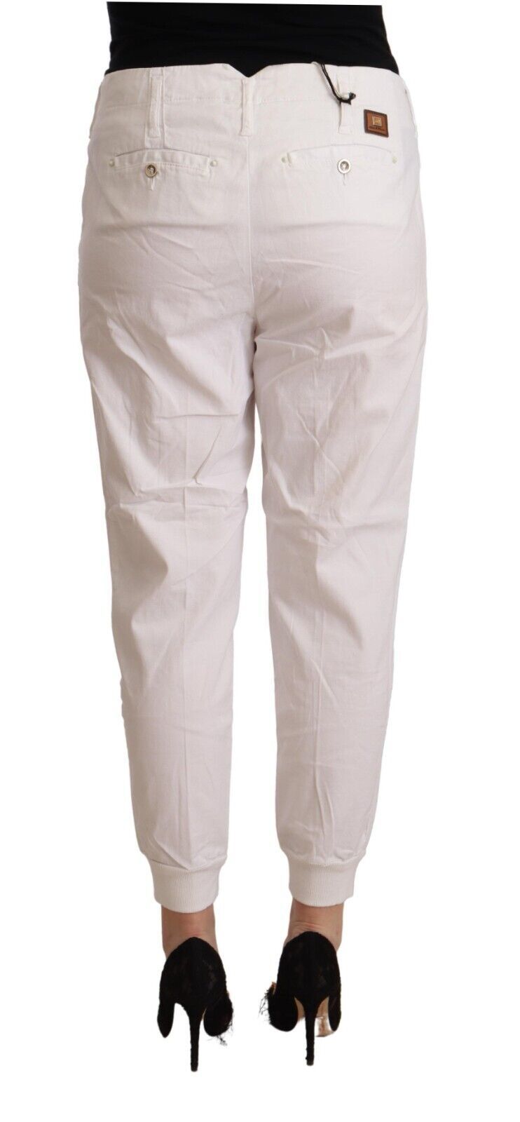 Met White Cotton Mid Waist Tapered Cropped Women's Pants