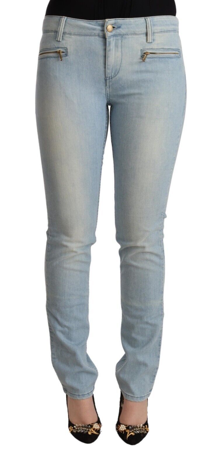 MILA SCHÖN Light Blue Cotton Mid Waist Slim Fit Denim Women's Jeans