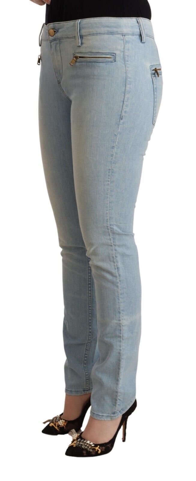 MILA SCHÖN Light Blue Cotton Mid Waist Slim Fit Denim Women's Jeans