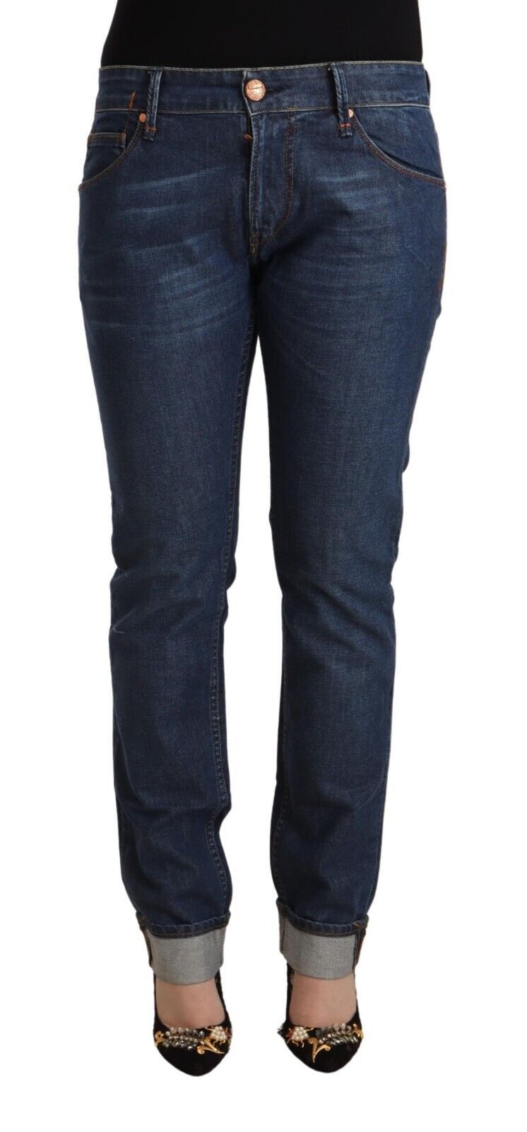 Acht Dark Blue Cotton Slim Fit Folded Hem Denim Women's Jeans