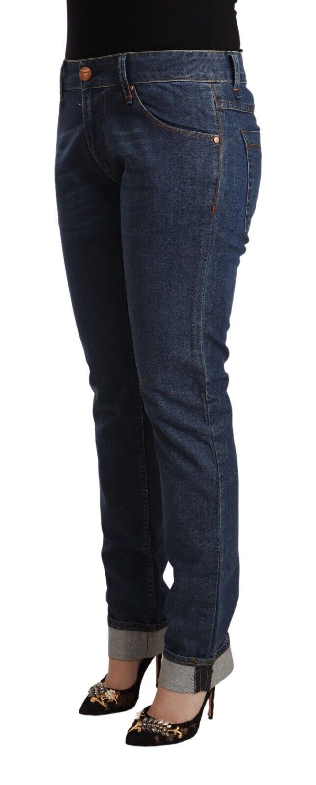 Acht Dark Blue Cotton Slim Fit Folded Hem Denim Women's Jeans