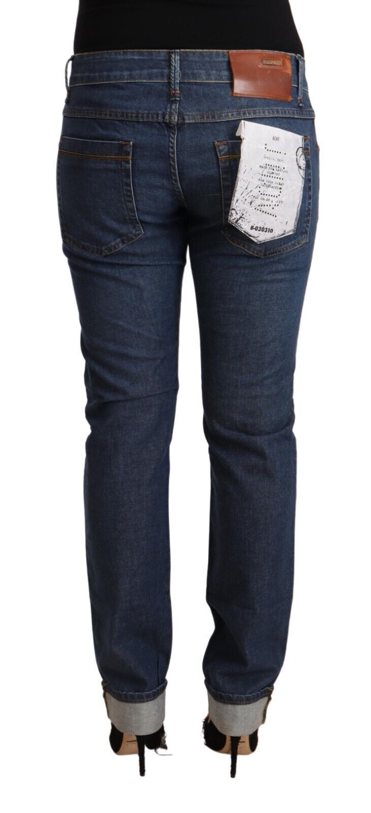 Acht Dark Blue Cotton Slim Fit Folded Hem Denim Women's Jeans