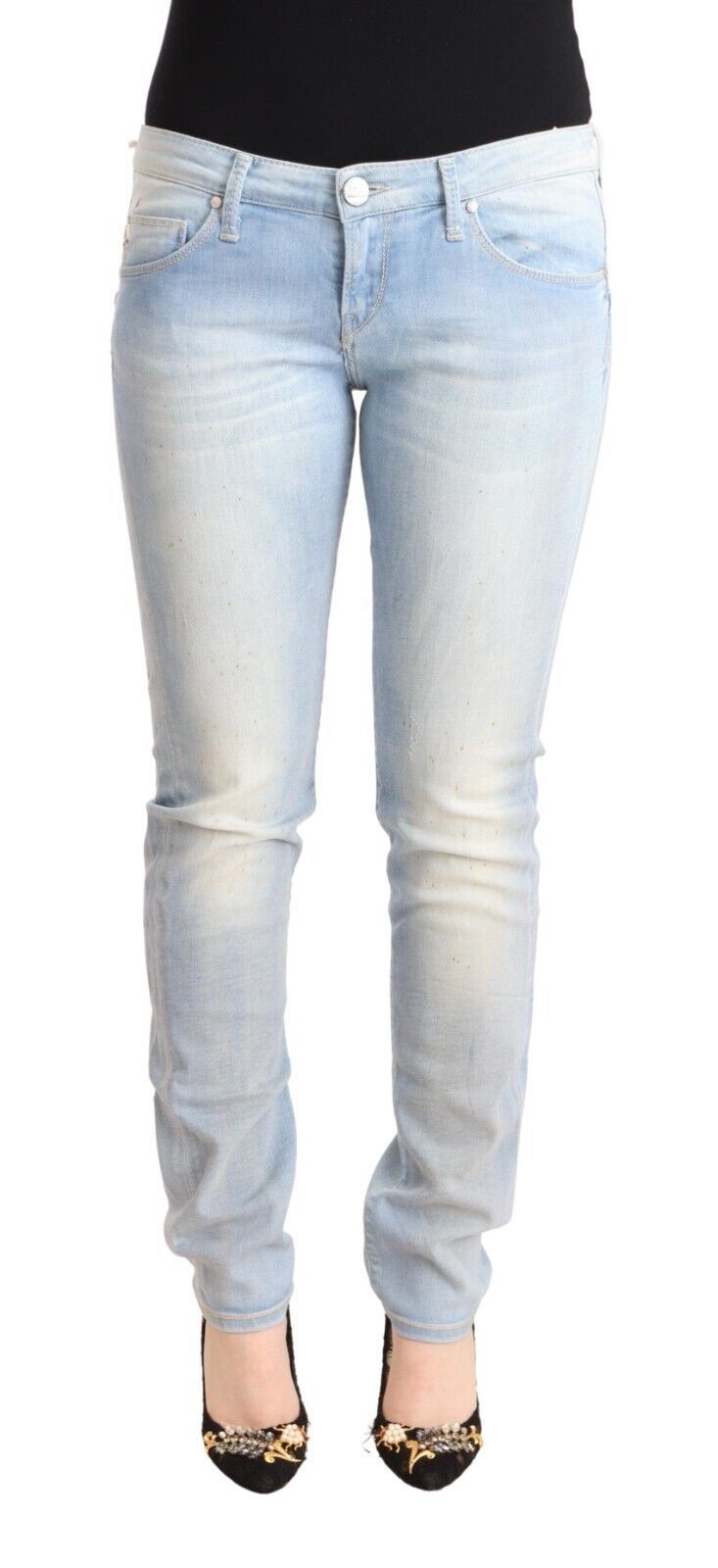 Acht Light Blue Washed Cotton Low Waist Skinny Denim Women's Jeans