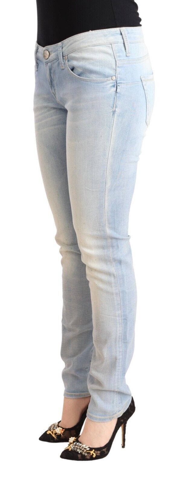 Acht Light Blue Washed Cotton Low Waist Skinny Denim Women's Jeans
