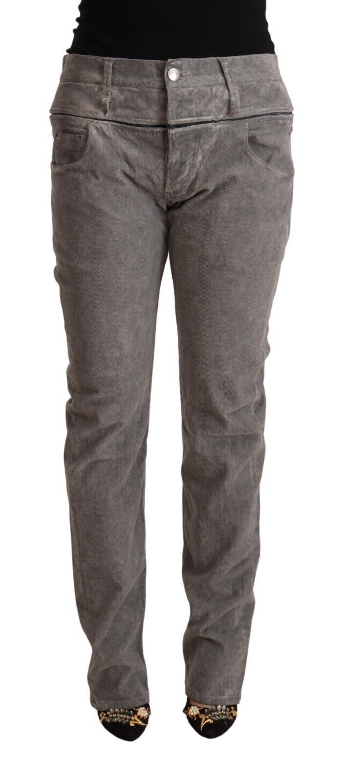 Acht Gray Cotton Straight Fit High Waist Women's Pants
