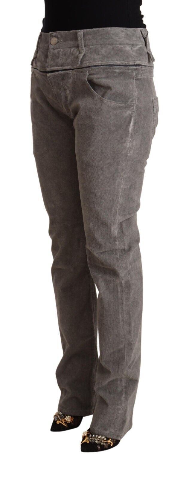 Acht Gray Cotton Straight Fit High Waist Women's Pants