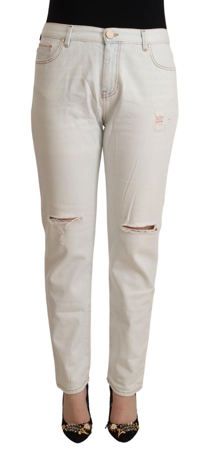 PINKO White Cotton Distressed Mid Waist Skinny Denim Women's Jeans