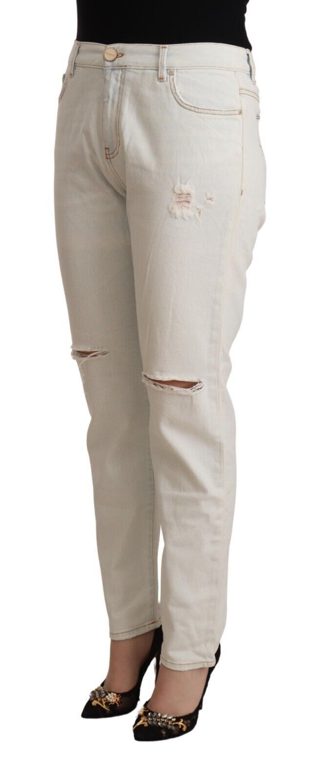 PINKO White Cotton Distressed Mid Waist Skinny Denim Women's Jeans