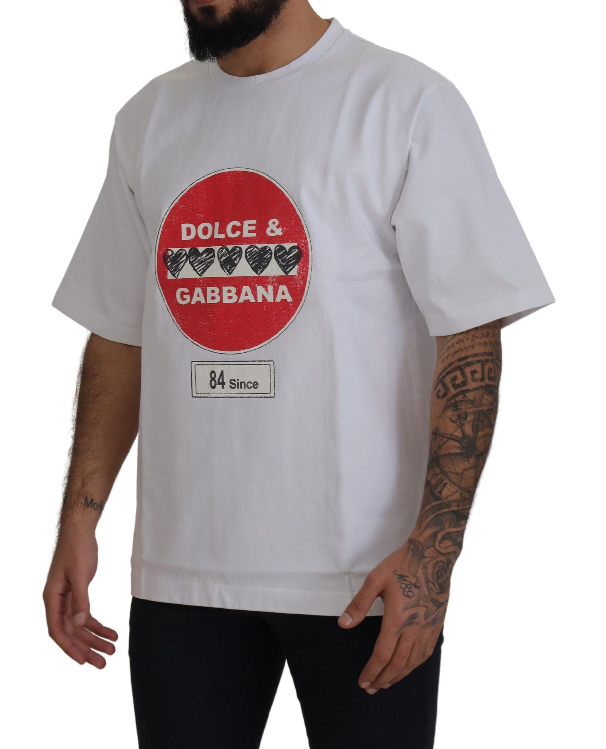 Dolce & Gabbana White Amor Heart Cotton Crewneck Men's T-shirt