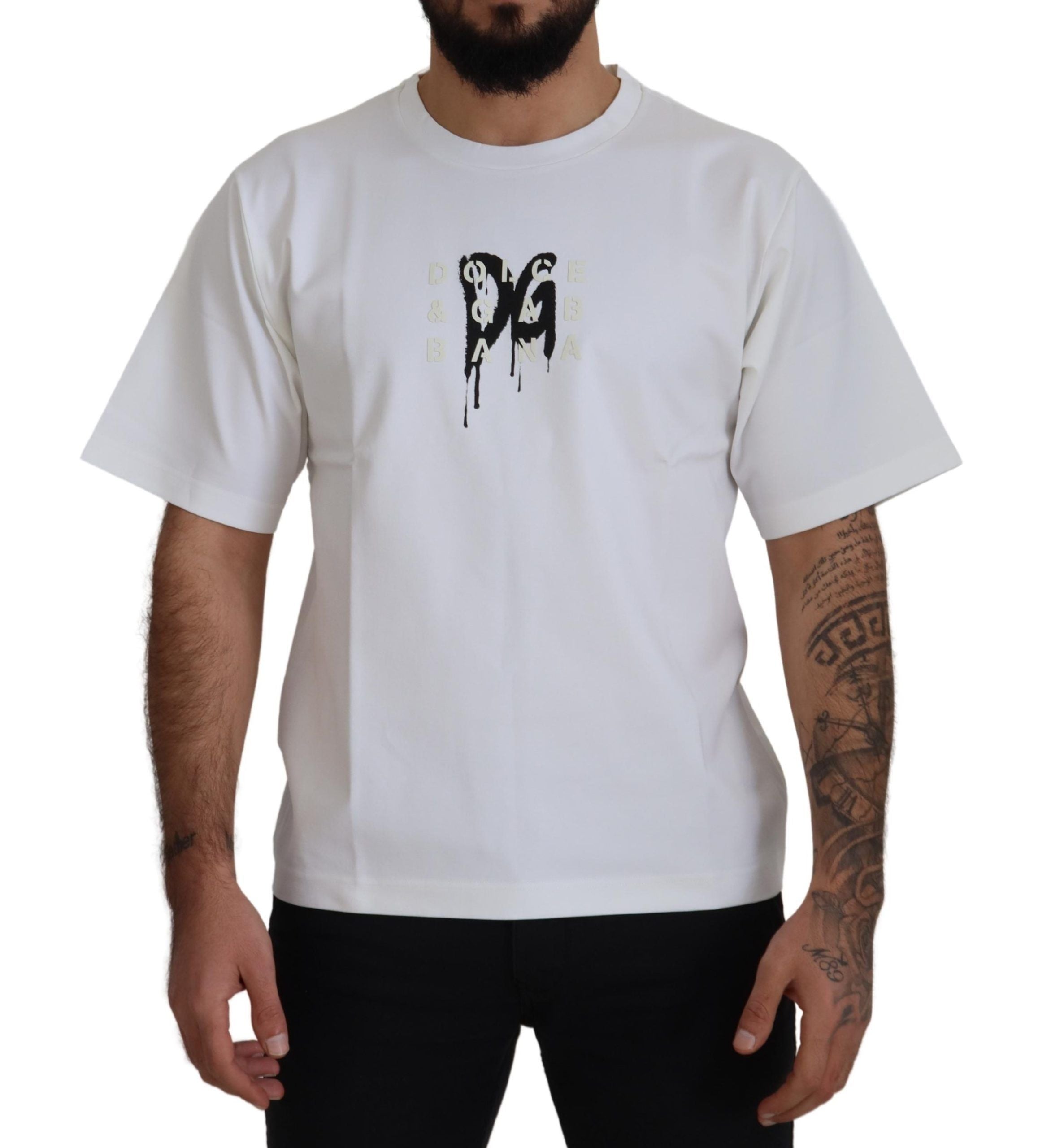 Dolce & Gabbana White Logo Print Cotton Crewneck Men's T-shirt