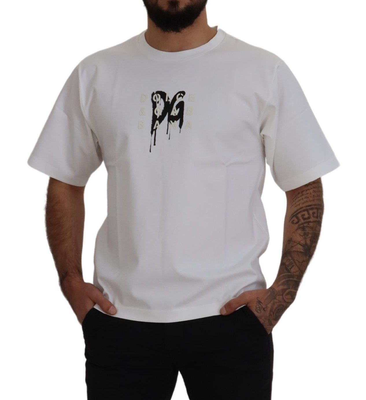 Dolce & Gabbana White Logo Print Cotton Crewneck Men's T-shirt