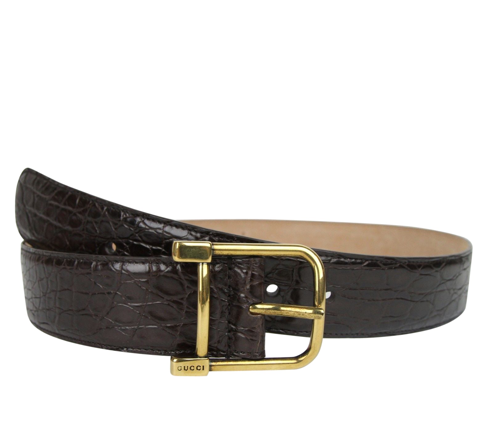 Gucci Women's Gold Square Buckle Dark Brown Crocodile Belt (105 / 42)