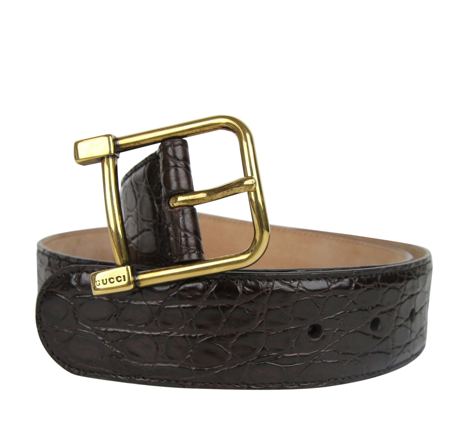 Gucci Women's Gold Square Buckle Dark Brown Crocodile Belt (105 / 42)