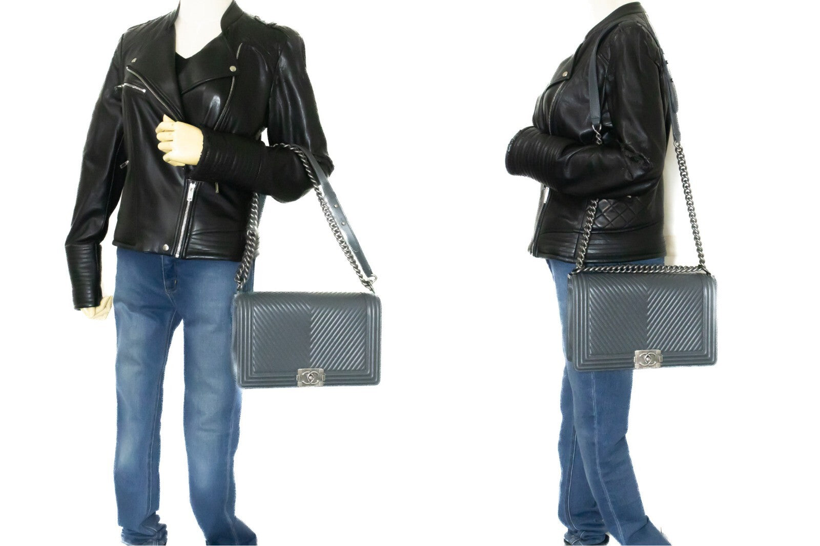 Chanel Boy Flap Chevron Calfskin Gray Calfskin Shoulder Bag Bag (Pre-Owned)