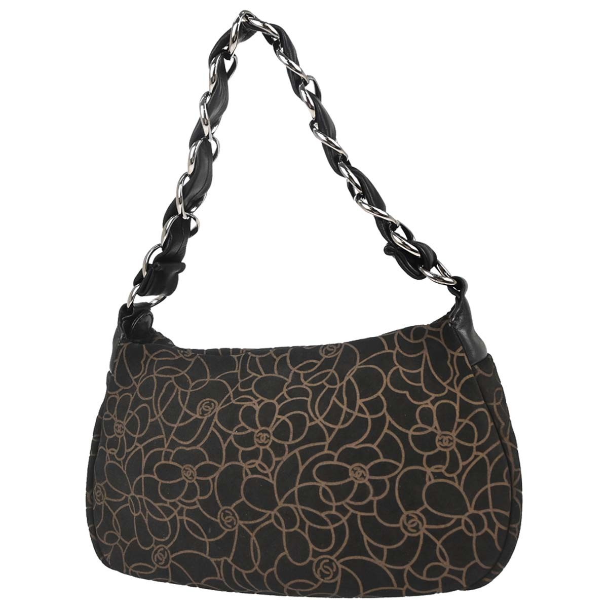 Chanel Camellia Chain Embossed Suede Black Suede Shoulder Bag Bag (Pre-Owned)