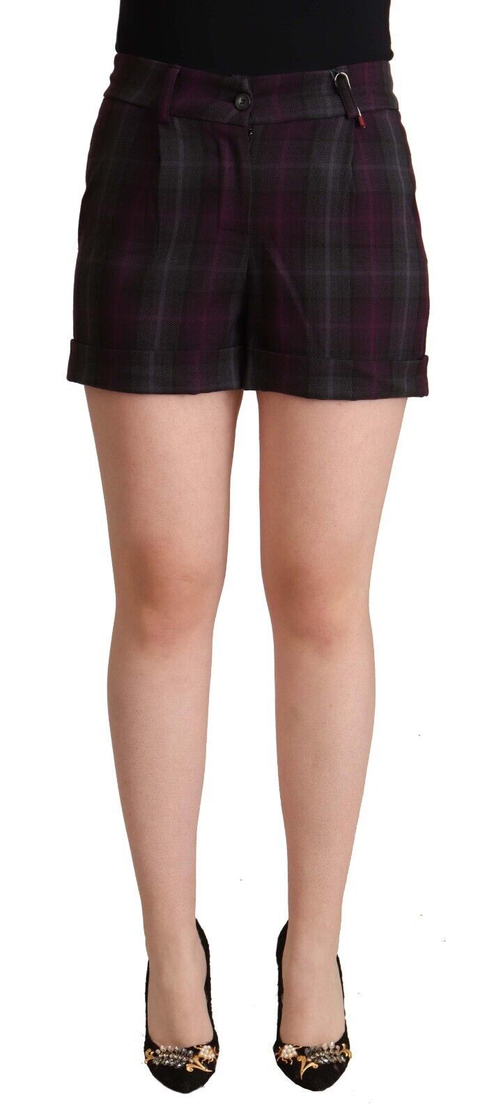 BENCIVENGA Multicolor Checkered Mid Waist Folded Hem Women's Shorts