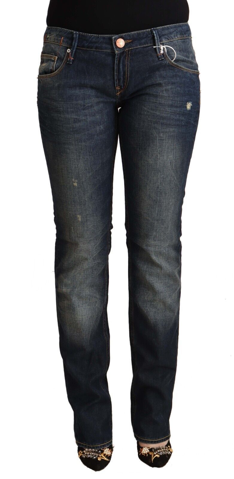 Acht Blue Washed Cotton Low Waist Skinny Denim Women's Jeans