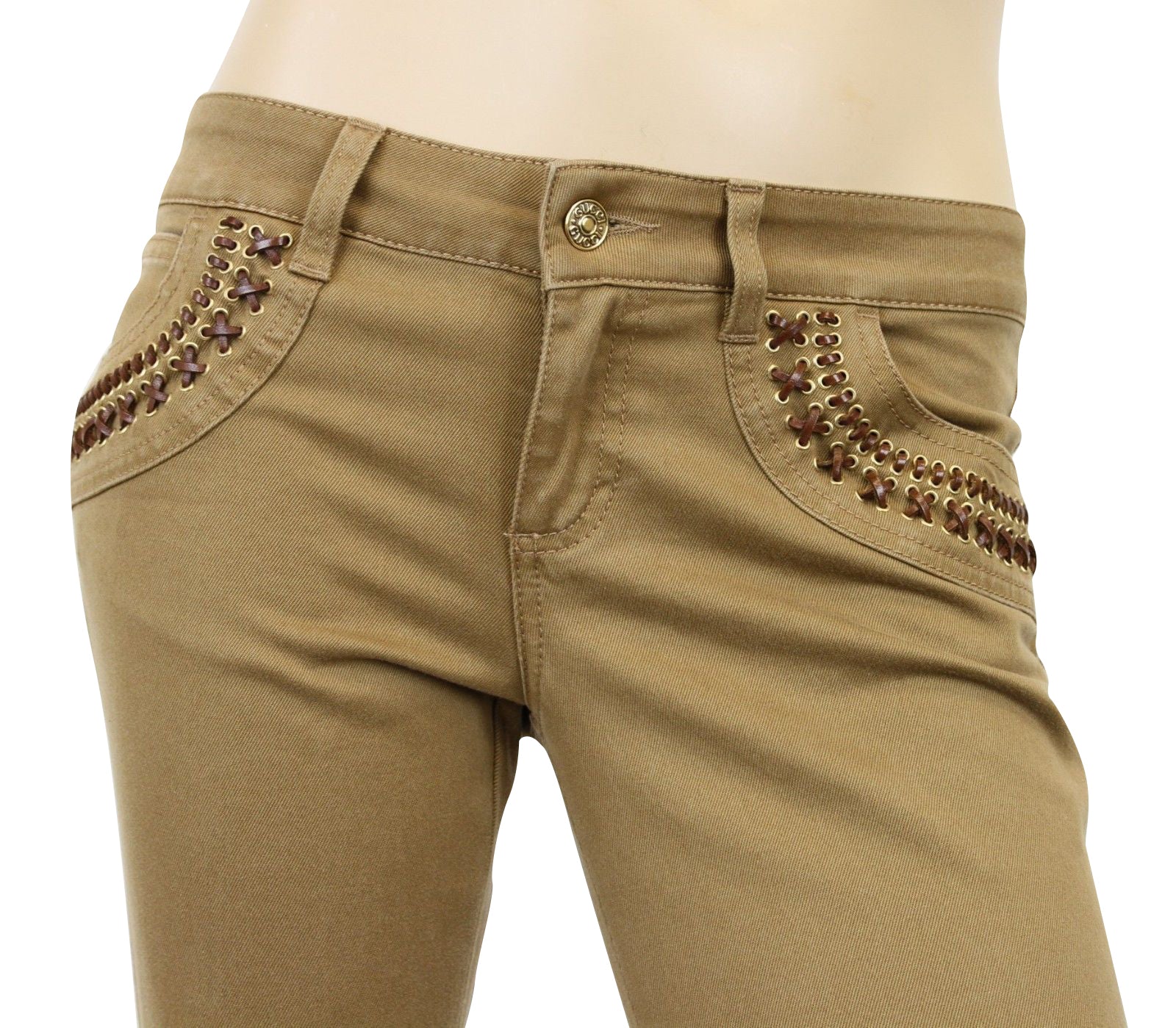 Gucci Women's Leather Laces Brown Cotton Elastane Capri Jeans Pants