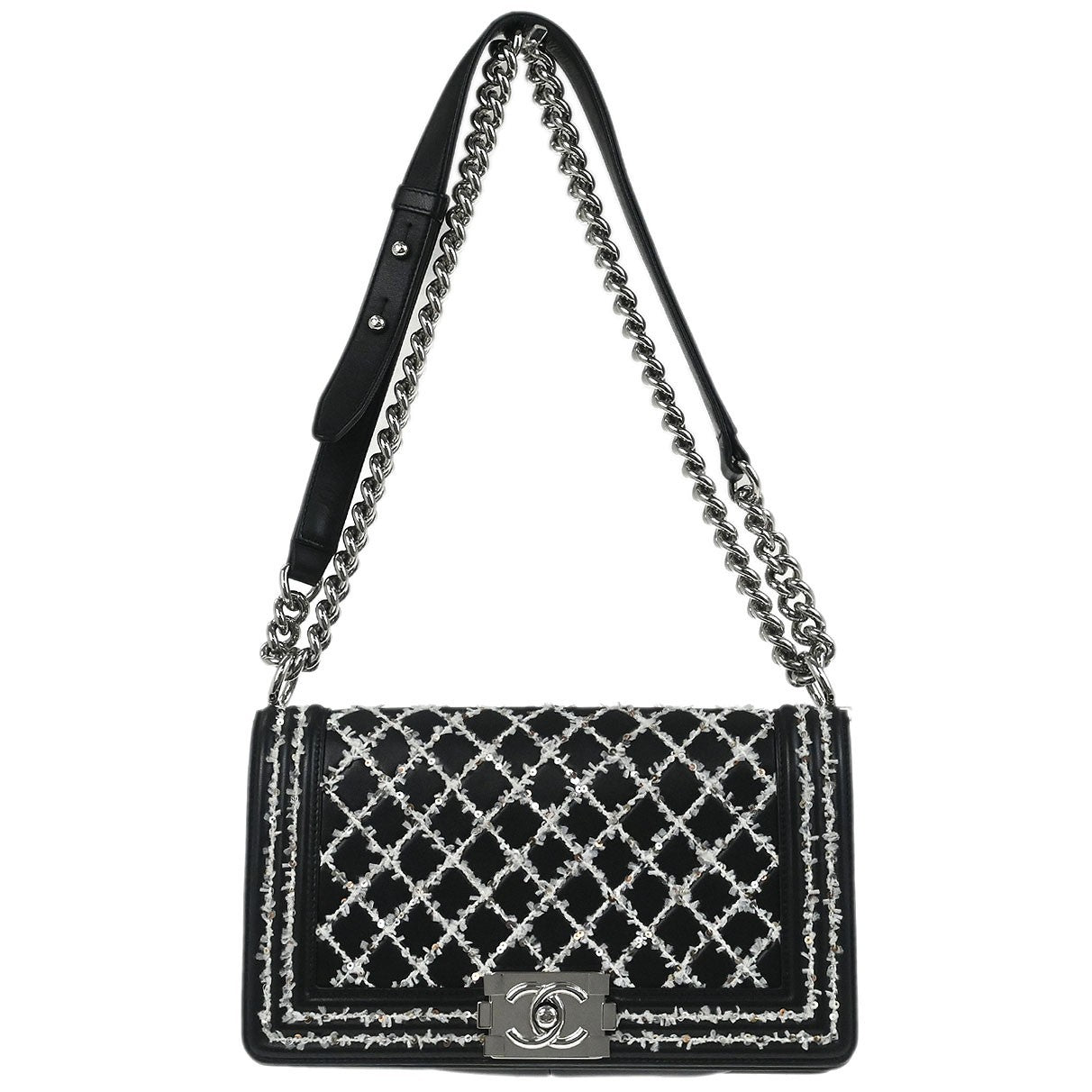 Chanel Boy Flap Sequin Quilted Calfskin Black Leather Shoulder Bag Bag (Pre-Owned)