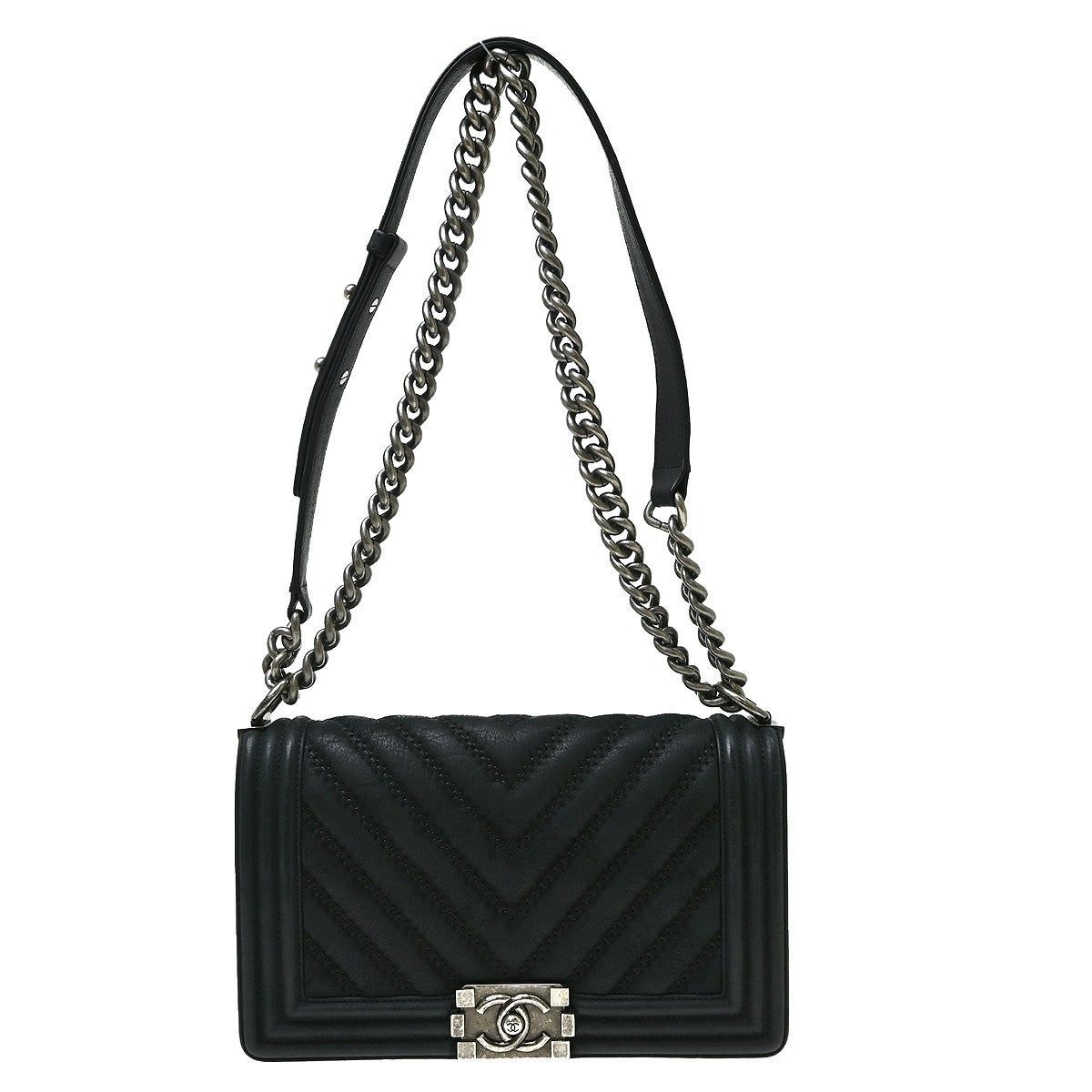 Chanel Boy Flap Chevron Lambskin Black Leather Shoulder Bag Bag (Pre-Owned)