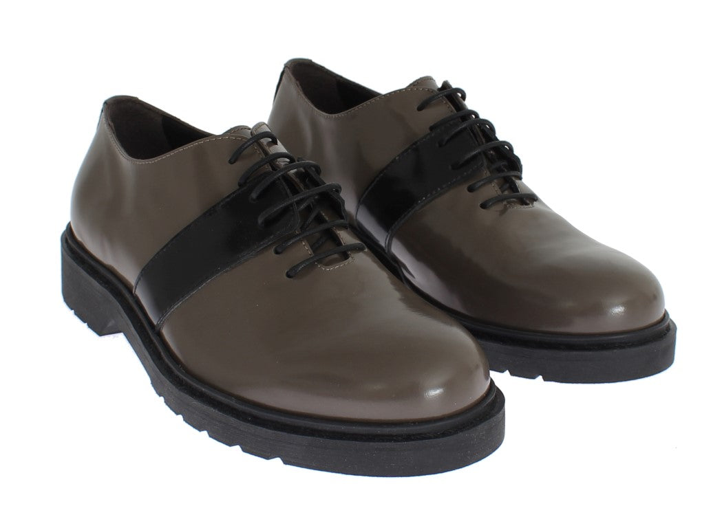 AI_ Elegant Gray Brown Leather Lace-up Women's Shoes