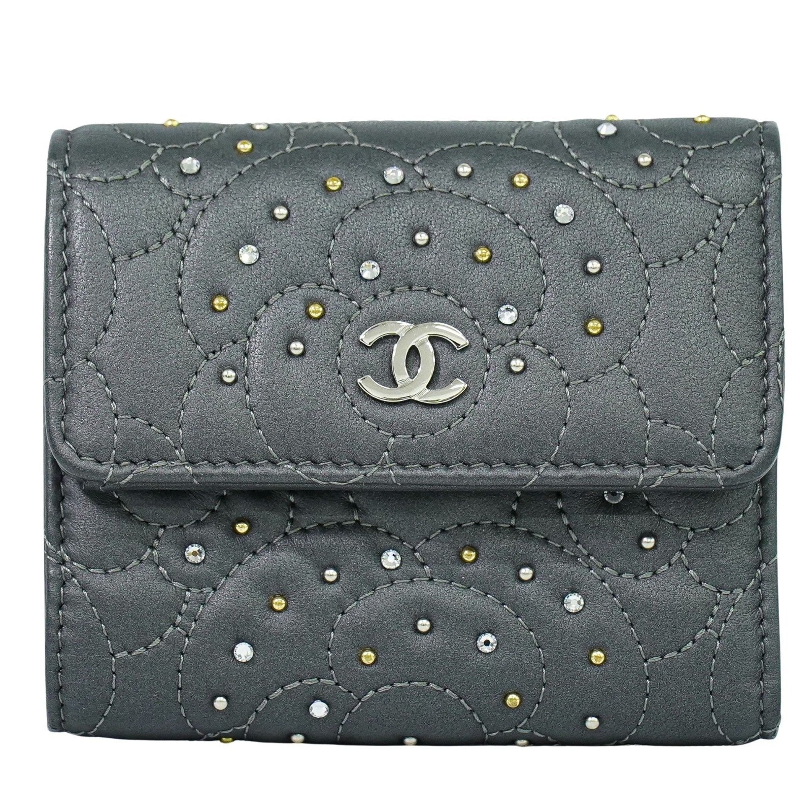 Chanel Camellia Flap Studded Camellia Lambskin Gray Leather Wallets Accessory (Pre-Owned)