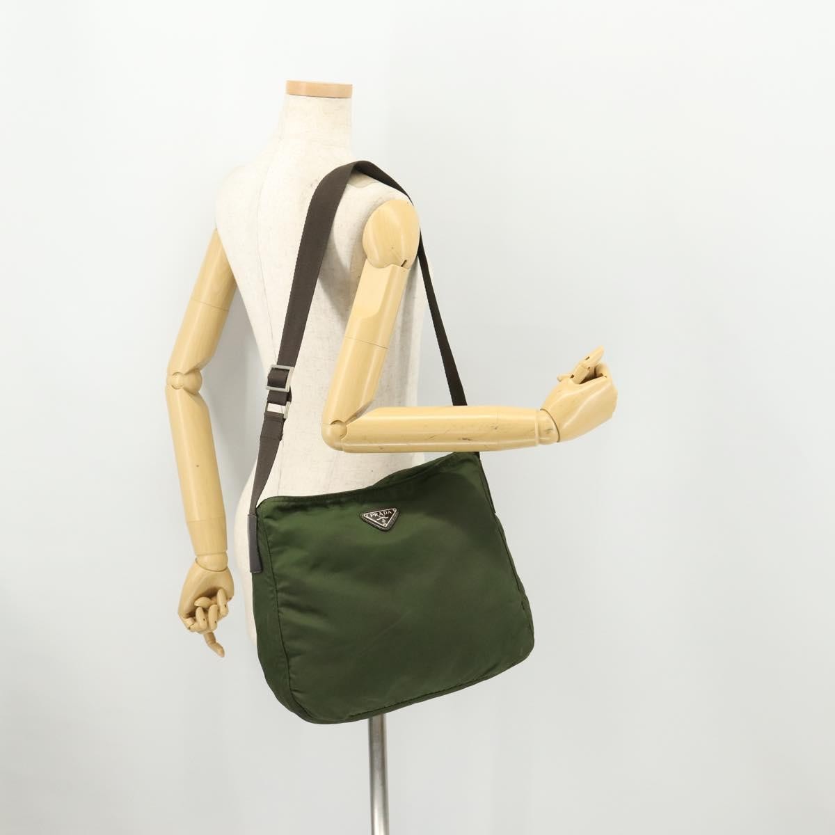 Prada Zip Top Messenger Tessuto Khaki Nylon Shoulder Bag Bag (Pre-Owned)